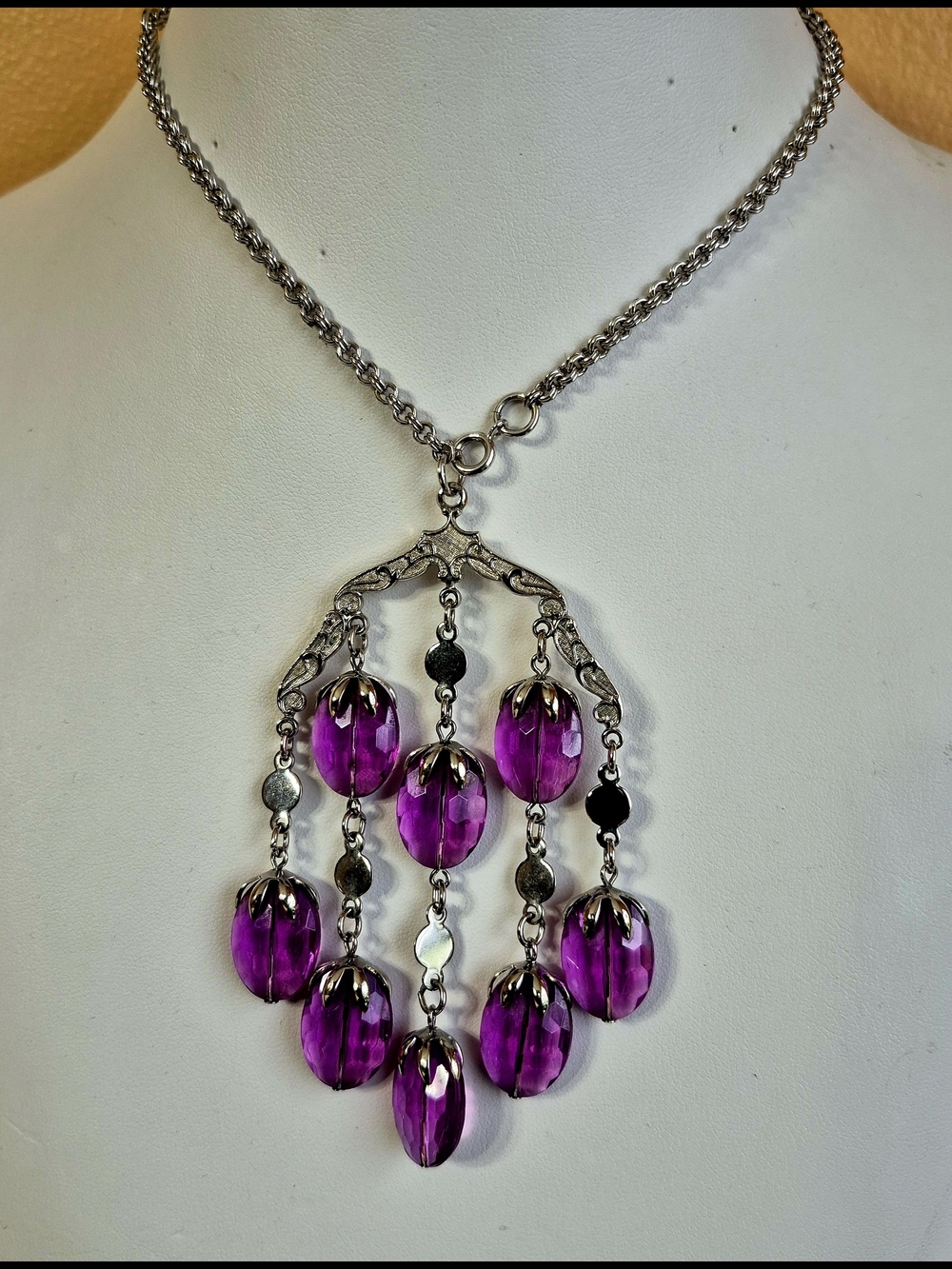 Vintage 1974 Sarah Coventry Silver Necklace with Purple Glass Drops